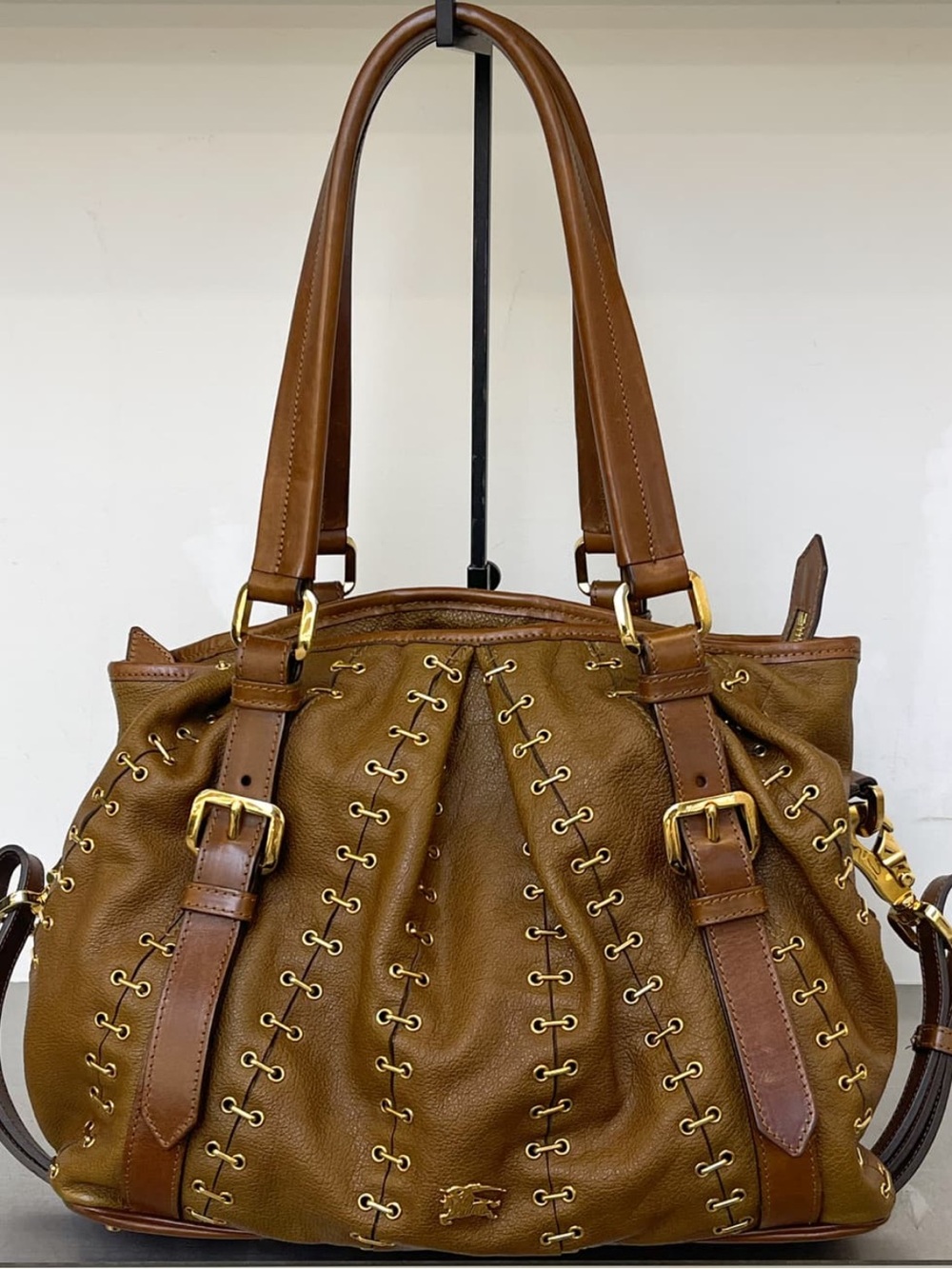 Burberry Authentic Leather Shoulder Tote in Brown with Metal Lace-Up Detail